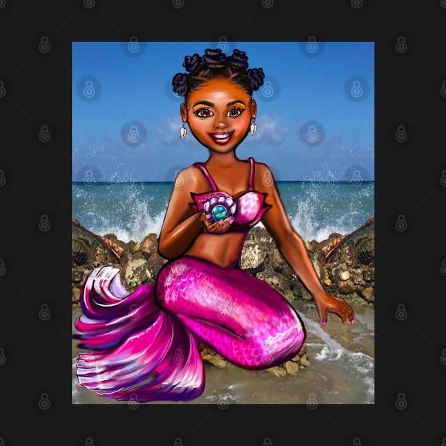 Mermaid Anime mermaid holding a rare black pearl #2 Afro hair in Bantu knots  and caramel brown skin - light background by Artonmytee