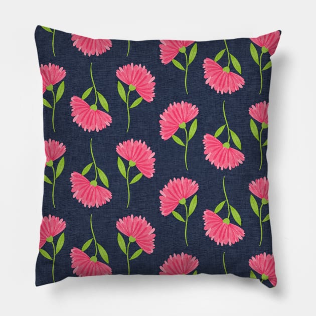 Pink Watercolor Calendula Flowers With Denim Navy Chambray Background Pillow by Rosemarie Guieb Designs