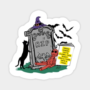 illustration of a graveyard tombstone and elements of witches represents a spell in process. Magnet