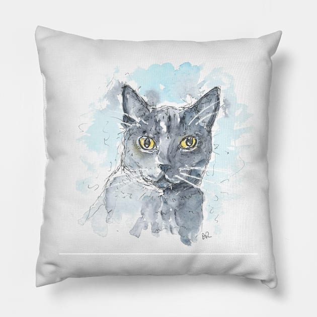 Russian Blue cat painting Pillow by DebTheZeb