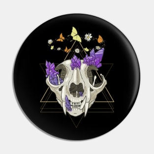 Cat Skull with Crystals, Butterflies, and Geometric Accents on Black Pin