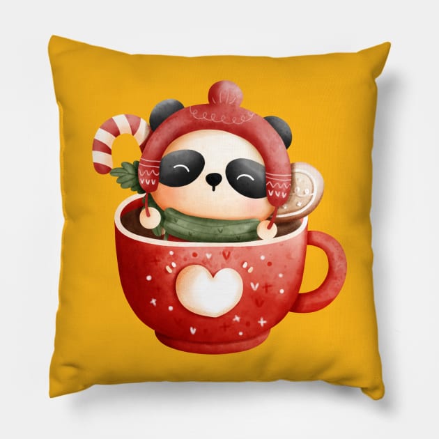 Cute Christmas Panda Bear in a Red Heart Teacup Pillow by The Little Store Of Magic