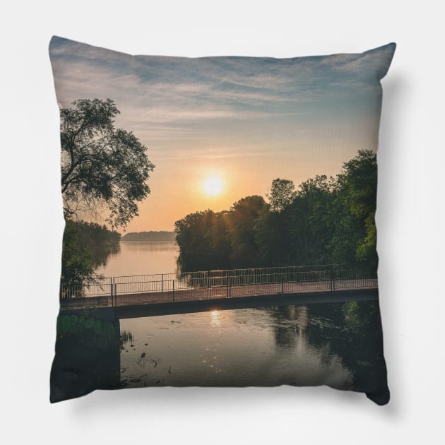 Sunrise Bridge on the River V2 Pillow by Family journey with God