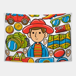 Man Traveller Kawaii Doodle Tapestry