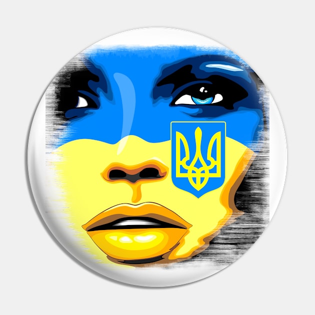 Ukraine Flag painted on Beautiful Girl Portrait Pin by BluedarkArt