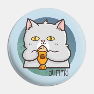 Funny Cute Fat Cat Holding a Fish Pin