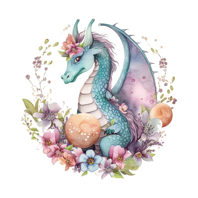 Cute Spring Flower Dragon Watercolor by Fledermaus Studio