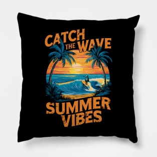 Catch The Wave Summer Vibes Retro Surfing Design Pillow