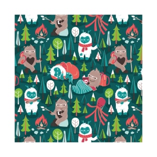 Besties // pattern // green background white Yeti brown Bigfoot aqua yellow green and teal pine trees red and coral details T-Shirt