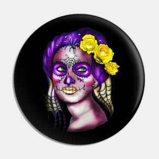 Dia De Los Muertos Skull Girl with Roses Pin