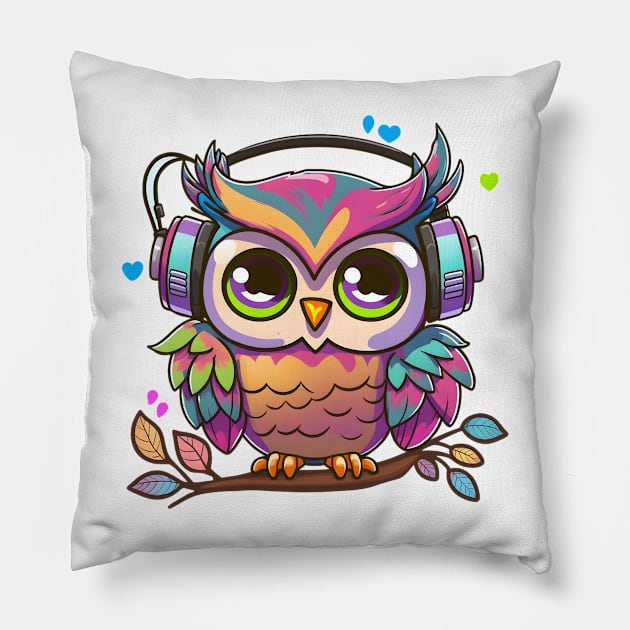 Colorful Musical Pinky Owl Perched on a Tree Pillow by Anicue