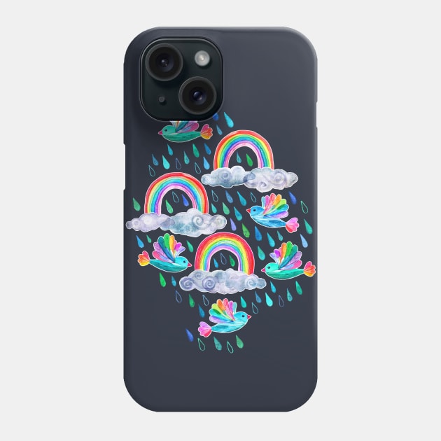 Spring Showers and Rainbow Birds on Navy Blue Phone Case by micklyn