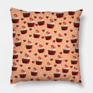 Red Velvet Cupcake Pattern with Hearts on Peach Orange Background Pillow