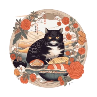 Ukiyo e, Japanese Cat Surrounded by Sushi T-Shirt