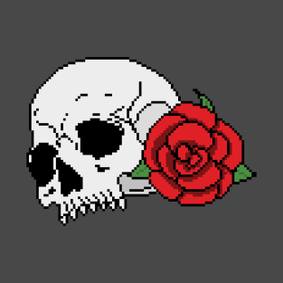 Skull and red rose pixel art halloween T-Shirt