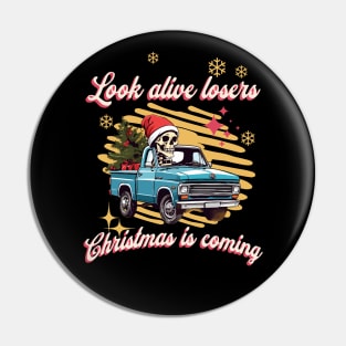 Funny Christmas Skeleton Wearing Santa Hat, Pickup Truck with Tree Pin