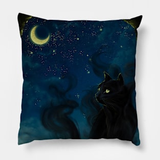 Shadow Black Cat Moon Night - Digital Art Painting Pillow