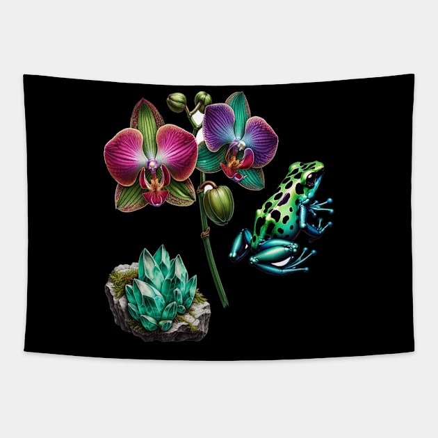 Rainforest Wonders: Orchid, Amazonite, and Frog Tapestry by encyclo