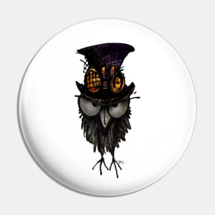 Funny Grumpy Steampunk Owl in a Steampunk Top Hat and Brass Goggles Pin