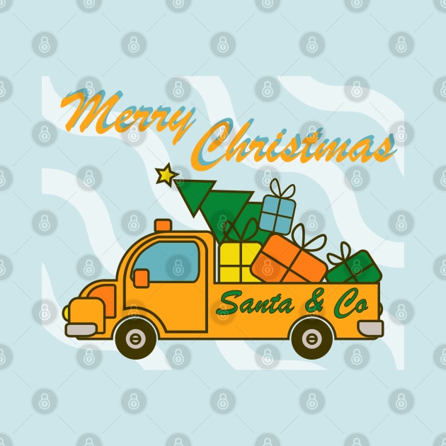 Greeting card with lettering front on yellow Santa truck, presents and Christmas tree by Cute-Design