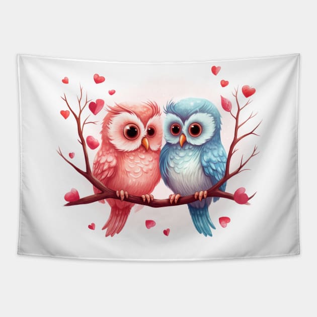 Valentine Kissing Owl Bird Couple Tapestry by Chromatic Fusion Studio