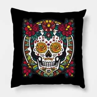 Wreath of Life: Colorful Flower Skull Art in a Joyful Celebration Pillow