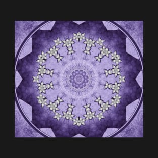 Silver flowers on deep purple textured mandala disc T-Shirt