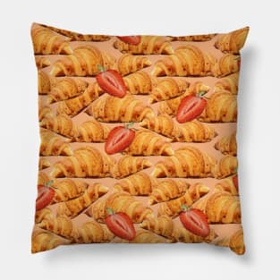 Baked Croissant with Strawberries Seamless Pattern on Beige background Pillow