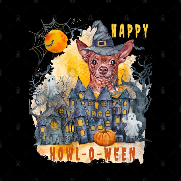 Chihuahua Happy Howl-o-ween Ghost Houses Funny Watercolor by Sniffist Gang