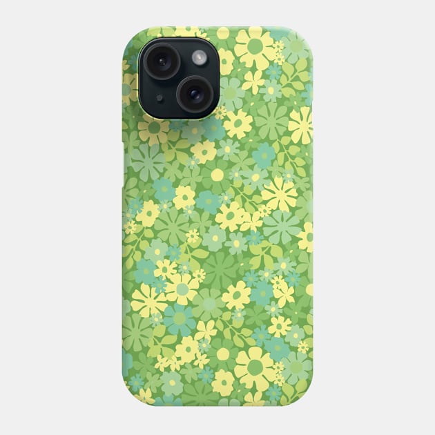 green retro florals pattern, 70s groovy green flowers, flower market, scandinavian florals, green hues Phone Case by blomastudios