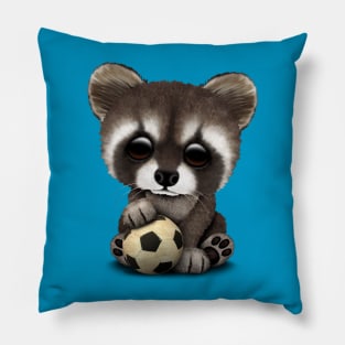 Cute Baby Raccoon With Football Soccer Ball Pillow