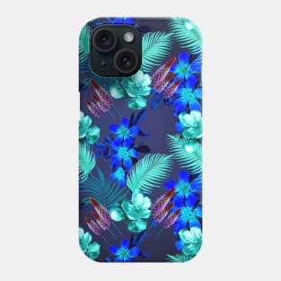 Palm Leaves And Flowers, Blue Navy Phone Case