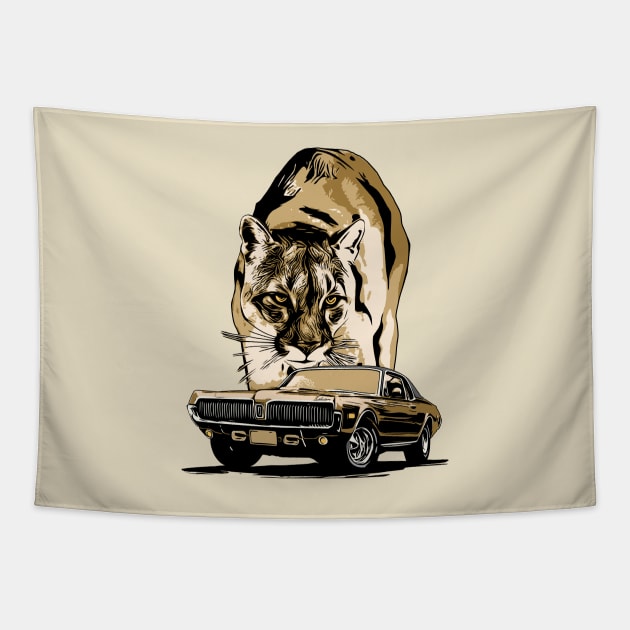 1968 Mercury Cougar with cougar cat backdrop, gold theme. Original design Tapestry by ZoeysGarage