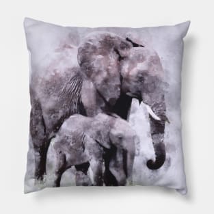 African Elephants with baby elephant calf - Watercolor Pillow