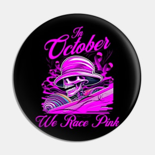 In October We Race Pink Breast Cancer Awareness Ribbon Skull Pin