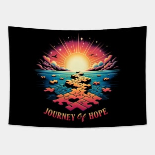 Puzzle pieces forming a path leading to a bright future with the words - Journey of Hope Tapestry