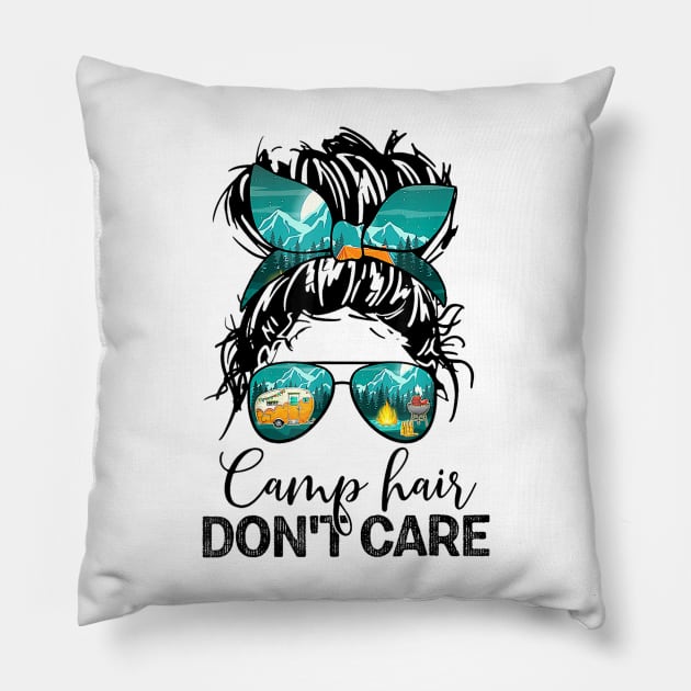 Funny Camp Hair Don't Care Womens Camper Camping Messy Bun Hair Pillow by Jsimo Designs