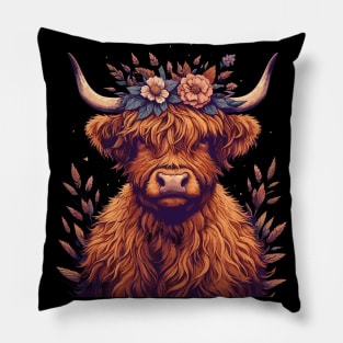 Funny highland cow with flower crown Pillow