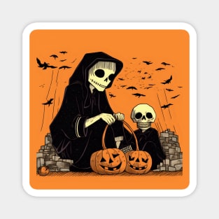 Halloween Two Skeletons with Basket of Pumpkin Magnet