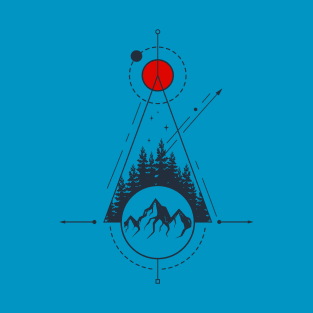 Mountain Forest, Red Moon, Abstract, Black Design T-Shirt