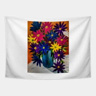 A lovely boutique of abstract vibrant bright colorful  flowers in a tall turquoise glass vase Tapestry