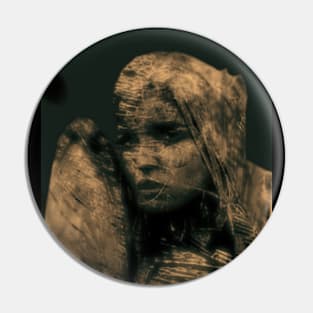 Beautiful girl, warrior with a shield, knight. Dark but beautiful. Yellow, sepia. Pin