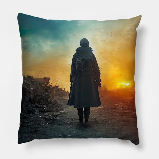 Lone soldier against war with Ukrainian flag colors Pillow by DyeruArt