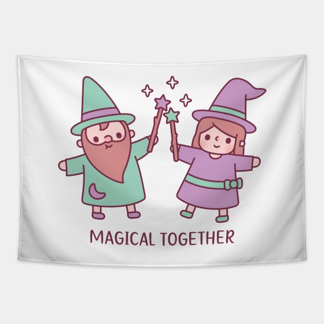 Cute Wizard And Witch Girl Magical Together Tapestry by rustydoodle