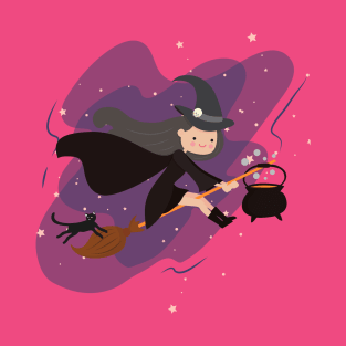 Kawaii Witch Flying in the moonlight With Her Black Cat and Cauldron T-Shirt