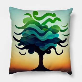 Solitary stylized tree at sunset with green and blue leaves. Pillow