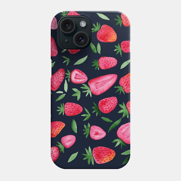 Watercolors strawberries - red and green on dark background Phone Case by wackapacka