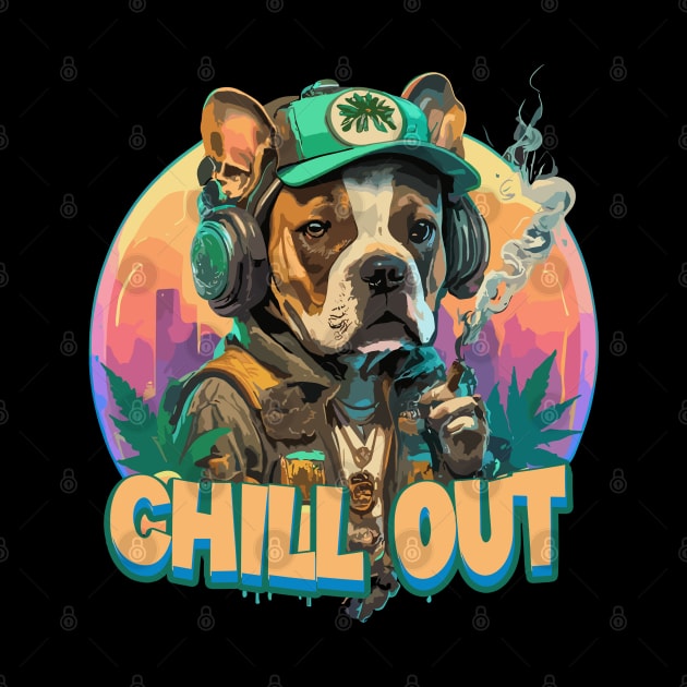 Pop Culture Dog in Hip Hop Gear listening to music and smoking by diegotorres