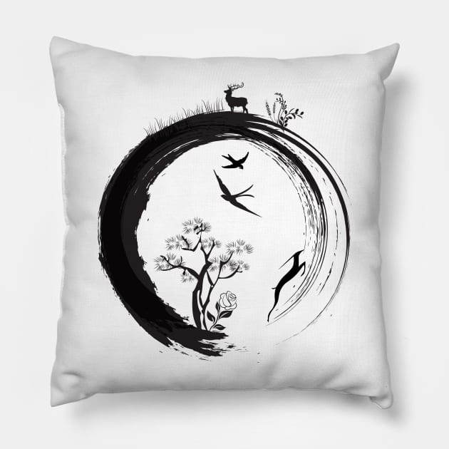 Enso Zen Circle Japanese Symbol Life Nature Tree Wildlife Pillow by oknoki