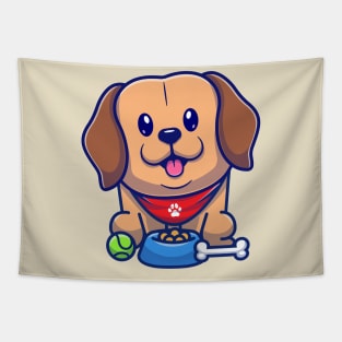Cute Labrador Dog With Food And Ball Cartoon Tapestry